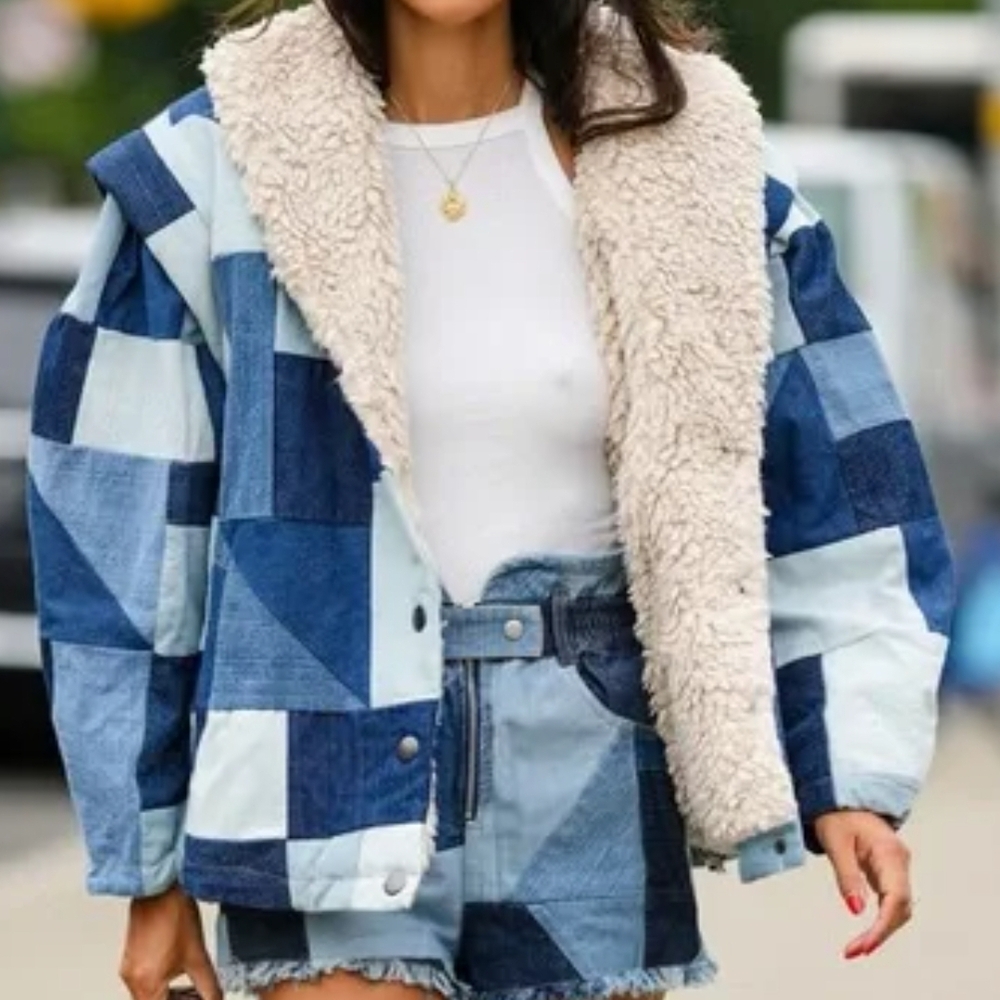 Sea New York Patchwork Blue Denim Teddy Jacket with Cream Sherpa